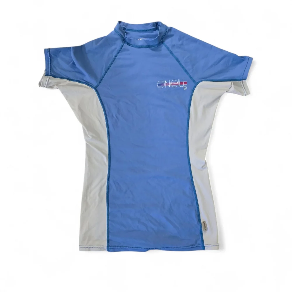 O'Neill Rash Guard Surf Swim Shirt Men's Medium Blue White Short Sleeve UPF Beac